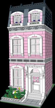 a paper model of a pink building with windows and balconies on the second floor