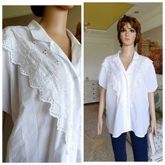 "Victorian Clothing Victorian Blouse Vintage Victorian style Victorian shirt White Blouse womens blouse Edwardian shirt White lace Blouse XXL 65%-polyester; 35%-cotton Please refer to photos for details of condition. Condition: very good vintage Measurements: Length: 63cm/24.8\" Bust: 140 cm/55.1\" Waist: 132 cm/52.0\" Tag Size: EUR-50/52 note The color on the pictures may vary due to monitor settings and light reflections. Ready to ship Please do not hesitate to contact with me for any question Edwardian Shirt, Victorian Shirt, White Linen Skirt, Black Ruffle Blouse, Black Ruffle Top, Victorian Blouse, White Long Skirt, White Midi Skirt, Retro Skirt