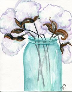 a painting of some flowers in a blue mason jar with watercolors on paper