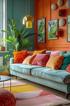 a living room filled with lots of colorful pillows