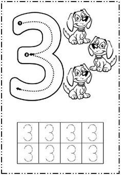 the number three worksheet for children to practice numbers 3 - 5 with dogs