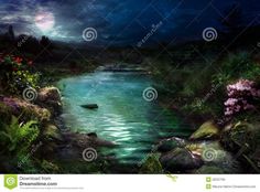 a painting of a river at night with flowers and trees in the foreground stock photo