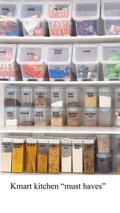 an organized pantry with clear bins filled with food and other items, labeled kmart kitchen must have's