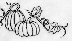 a black and white drawing of a pumpkin with leaves on it's vine line