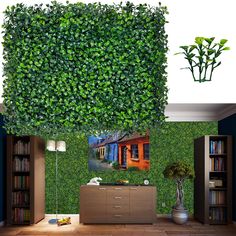 there is a living room with green plants on the wall