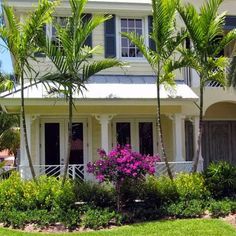 a white house surrounded by palm trees and flowers