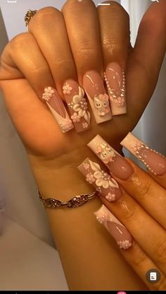 Hello Kitty Nails With 3d Flower, Flower Nails Charms, Cute Pink Nails With Charms, Pink 3d Flower Nails Short, Medium Square Acrylic Nails 3d Flowers, Hello Kitty Nails Medium Length, Medium Nails With Charms, Hello Kitty Nails Medium, Hello Kitty Acrylic Nail Designs