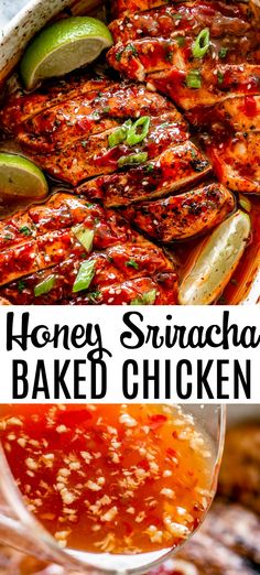 baked honey sriraca chicken in a pan with sauce