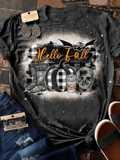 Hello Fall Print Short Sleeve T Shirt Shipping from the US. Easy 30 day return policy, 100% cotton, Double-needle neck, sleeves and hem; Roomy Unisex Fit. Boujee Boutique, Cricut Clothes, Elsa Shirt, Fall Designs, Sublimation Shirt, Boutique Ideas, Vinyl Gifts