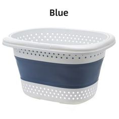 a blue and white basket with holes on the side, next to it is an image of