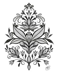 a black and white drawing of an ornate design with leaves on the bottom half of it