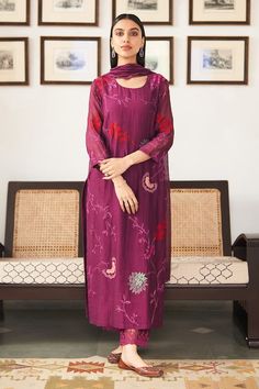 Purple kurta with applique and thread work. Paired with an embroidered sheer hem pant and embroidered dupatta. - Aza Fashions Kurta Pant Set, Embroidered Dupatta, How To Hem Pants, Kurta With Pants, Thread Work, Muslin Cotton, Pant Set, Set For Women, Aza Fashion