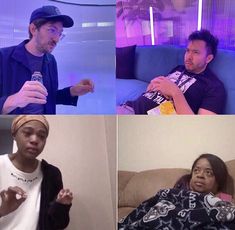 four different pictures of people sitting on couches, one is holding a bottle and the other two are eating