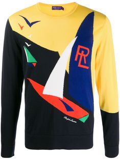 Multicolour cashmere crew neck knitted logo sweater from Ralph Lauren Purple Label featuring a crew neck, long sleeves, a ribbed hem and cuffs, a color blocked design and a relaxed fit. Embroidered Denim Shirt, Adidas Crazy, Metallic Jacket, Embroidered Denim Jacket, Cotton Sweatpants, Ralph Lauren Logo, Purple Label, Printed Joggers, Ralph Lauren Purple Label