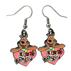 some kind of earrings that have dogs on the front and back of them, with words i love you