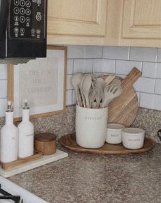 the kitchen counter is clean and ready to be used as a cook's station