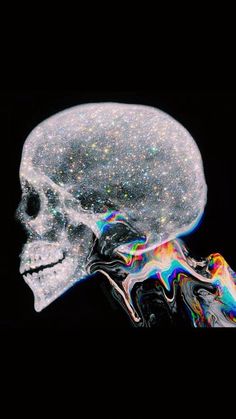 a crystal skull is shown against a black background with white and multicolored holographics