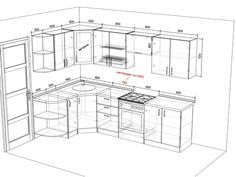 a drawing of a kitchen with cabinets and an island in the middle, including a stove top