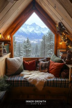 Cozy attic nook with large window overlooking snowy mountains and forest. Book Nook Ideas Cozy, Sunroom Reading Nook Ideas, Nook Bed, Cozy Attic, Sleeping Nook, Attic Window, Cozy Reading, Mountain Cabin