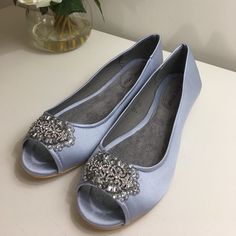 Hand Embellished Satin Blue Flats. Brand New Never Worn. Perfect For “Something Blue” For Brides At Their Wedding. Purchased On Etsy For $100 For My Wedding But Never Ended Up Wearing Them At My Reception. They Are Dressy Group Brand Flats That Woh Custom Embellishments Added To Them. Elegant Blue Flats For Party, Spring Wedding Flat Shoes Embellished, Elegant Blue Party Flats, Blue Flats For Evening With Flat Heel, Elegant Blue Evening Flats, Spring Embellished Formal Flats, Embellished Shoe Clips For Prom, Elegant Blue Flats For Summer, Elegant Blue Summer Flats