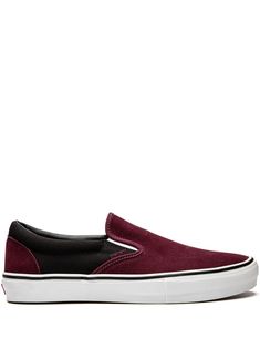 black/burgundy calf suede almond toe elasticated side panels slip-on style branded insole rubber sole These styles are supplied by a premium sneaker marketplace. Stocking only the most sought-after footwear, they source and curate some of the most hard to find sneakers from around the world. Vans Slip On Pro Toe Cap, Red Wine Vans, Red Slipon Shoes, Vans Skate, On Logo, On Sneakers, Side Panels, Vans Classic Slip On Sneaker, Slip On Sneakers