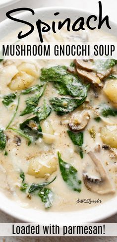 spinach mushroom gnocchi soup with parmesan cheese in a white bowl