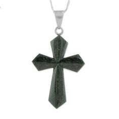 Representing the sacrifice of Jesus Christ this necklace features a pendant of dark green jade hand-carved in the shape of a cross. Designed by Guatemala's Zandra Lorena Sajbin this necklace circles the neck on sterling mariner chain. Silver Jade Crystal Necklace For Gift, Jade Cross Pendant, Spiritual Green Jade Necklace, Green Jade Spiritual Necklace, Green Spiritual Cross Pendant Jewelry, Ancient Hand Carved Light Green Jade Large Pendant Necklace, Jade Pendant Necklace, The Sacrifice, Jade Jewelry