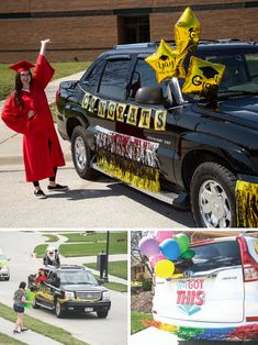 a woman in a graduation gown standing next to a car with balloons and streamers