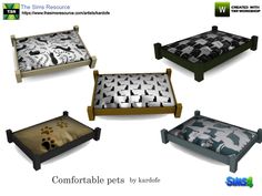 four dog beds with different designs on them and the words comfortable pets by handle