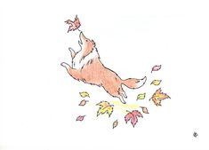 a drawing of a dog catching leaves in the air