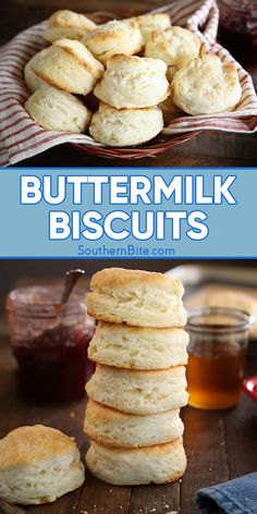 buttermilk biscuits stacked on top of each other with honey in the background and text overlay