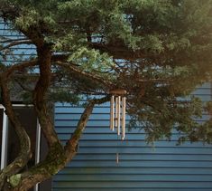 a wind chime hanging from a tree in front of a blue house