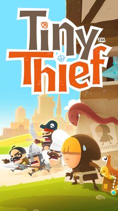 tiny thief game poster with cartoon characters and an image of a man in the background