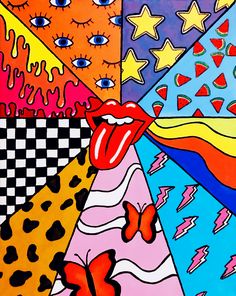 the rolling stones'tongue is surrounded by many different colored shapes and sizes, including stars