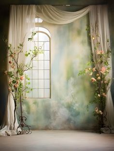 a room with curtains and flowers on the window sill in front of an open window