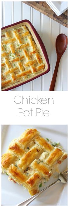 chicken pot pie on a white plate with a wooden spoon and serving utensils