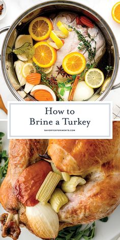 the cover of how to brine a turkey with oranges, onions and celery