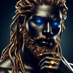 a close up of a statue with blue eyes and gold chains around his neck,