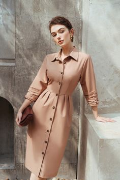 Diana Dress – VAST Classic Button-up Shirt Dress For Formal Occasions, Long Sleeve Midi Dress With Buttons For Semi-formal Occasions, Semi-formal Dress With Lapel Collar And Button Closure, Formal Knee-length Midi Dress With Placket, Elegant Collared Midi Dress With Placket, Formal Collared Midi Dress With Placket, Classic Collared Dresses For Work, Fitted Beige Knee-length Long Sleeve Dress, Beige Fitted Knee-length Long Sleeve Dress