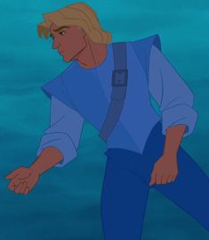 an animated image of a man in blue pants and a white shirt holding his hand out