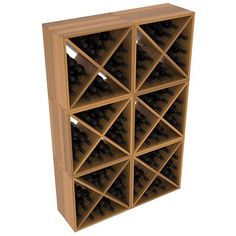 a wooden wine rack filled with lots of bottles