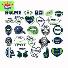 the seattle football team logos are shown in green and blue, as well as other sports related