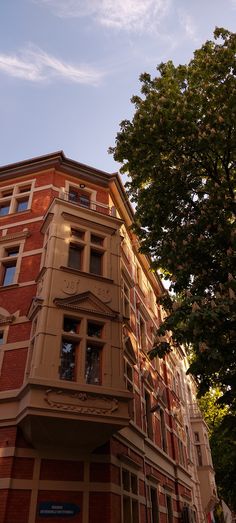 an old brick building with many windows and balconies on the top floor, in front of a green leafy tree