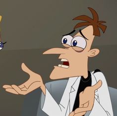 a cartoon character holding out his hand and pointing to another person's head with one hand