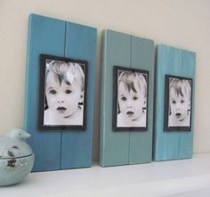 three frames are hanging on the wall above a shelf with a teal vase and two photos