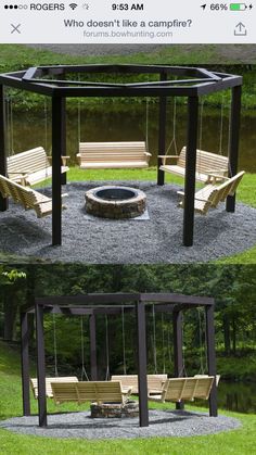 an outdoor swing set and fire pit in the middle of some grass with trees behind it