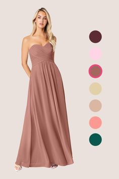 a woman in a strapless bridesmaid dress with different colors and sizes to choose from