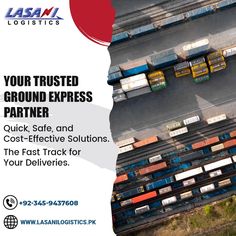 an overhead view of cargo containers and trucks on the ground with text that reads, your trusted ground express partner quick safe and cost - effective solution