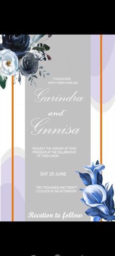 an elegant wedding card with flowers on the front and back, in shades of blue