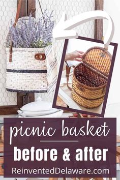 a basket sitting on top of a wooden table next to a white wall with text reading picnic basket before and after